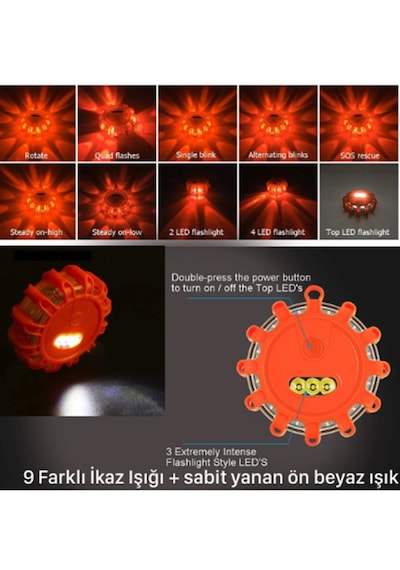 9 Mod Araç İş Makinesi Kamyon Acil Durum İkaz Lambası +fener Özelliği Su Geçimez - Mıknatıslı 1 Adet