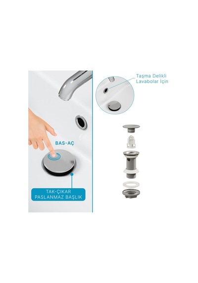 Aqua Bagno Smart Pop-up Sifon , Parlak Krom Başlıklı ,taşma Delikli, 1 -1/4