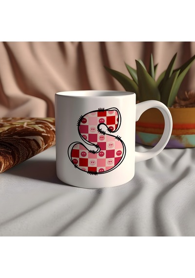 S Harfi Pembe Kareli Kalpli Göz Emojili Kupa Bardak Eğlenceli Kareli Tasarım Kahve Çay Kupası 07 Beyaz