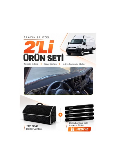 Iveco Daıly 2011-2014 Uyumlu Torpido Örtüsü + Tay Tüyü Bagaj Çantası + Sticker Seti - Siyah Gri