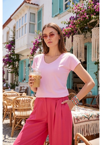 Lela V Yaka Rahat Kesim Yırtmaçlı Bayan Bluz 5862000 Toz Pembe