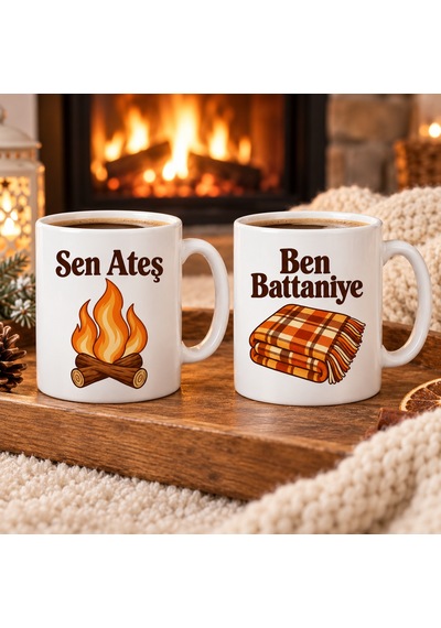 Sen Ateş Ben Battaniye 2'li Porselen Kupa Seti - Model 386 Çok Renkli