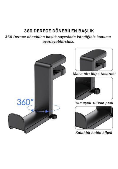 Microcase Masaya Monte Ayarlanabilir 360 Derece Döner Kablo Tutuculu Oyuncu Kulaklık Eşya Vb. Tutucu Stand - Al5425