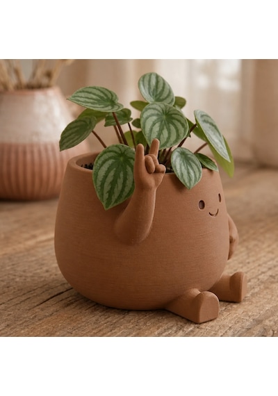 3d Baskı Smiley Face Planter - Gülümseyen Karakterli Saksı-kahverengi