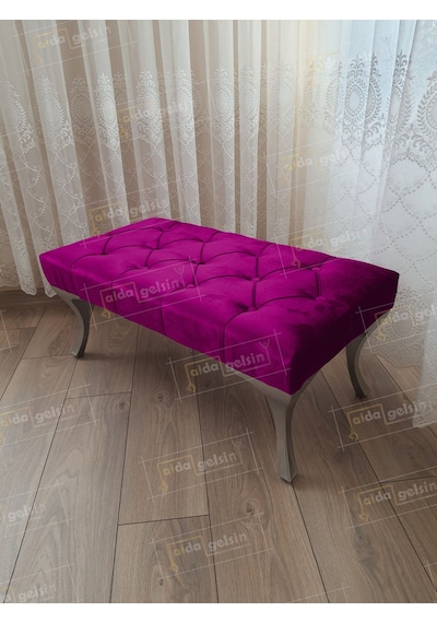 Kapitoneli Ayak Ucu Kapı Önü Antre Bench Puf Gümüş Ayak 120 45 Mor