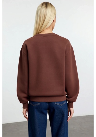 Benerly Kadın Bisiklet Yaka Düşük Kol Regular Kalıp Örme Sweatshirt Fonks Kahverengi