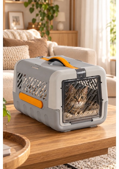 Porsima 0001 Kedi Taşıma Çantası Ve Kafesi - Emniyet Kemer Yuvalı, Havalandırmalı Kedi & Küçük Irk Köpek Taşıma Kutusu Gri / Turuncu