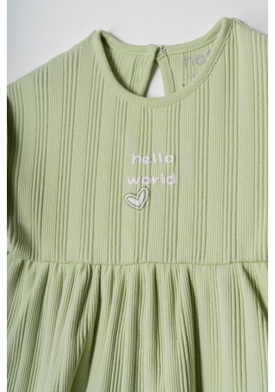 Hafy Baby "hello World" Nakışlı, Fırfırlı, Yazlık Kız Bebek Elbisesi Yeşil
