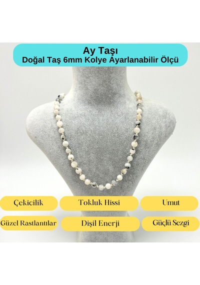 Yıldız Doğal Taş Ay Taşı Doğal Taş 6 MM Makrome Kolye 45 CM - 55 CM Ayarlanabilir Beyaz