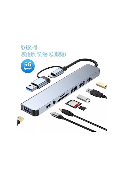 8 İn 1 Type-c Usb Hub Çoklayıcı Usb 3.0, Usb 2.0, Sd, Tf, Ses, Type-c Dönüştürücü-4938