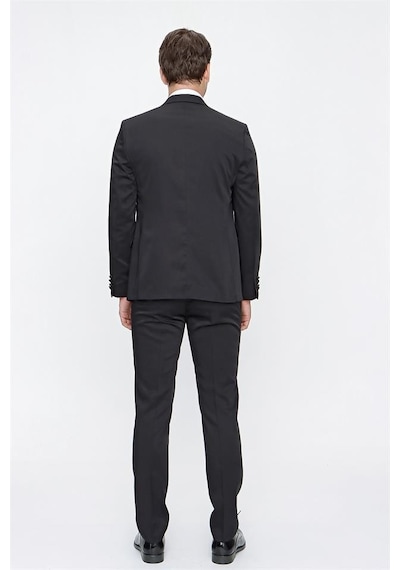 İmza Siyah Desenli Armürlü Mono Yaka Astarlı Yelekli 6 Drop Slim Fit Dar Kesim Smokin Damatlık 1001220201-Siyah