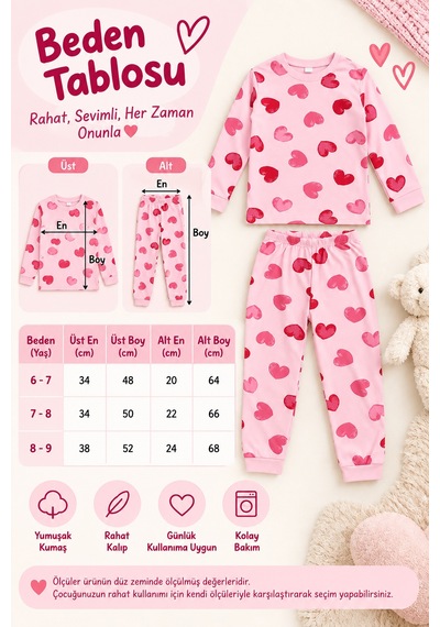 Beniizle Kız Çocuk Kalp Desenli Pijama Takımı Pembe