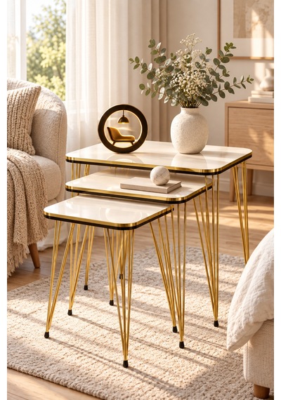 Odera Çift Tel Zigon Sehpa 3'lü Set Suntalam Modern Retro Salon Sehpası Diğer