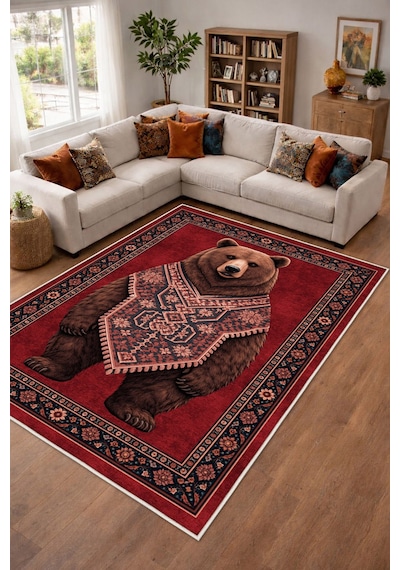 Retro Ayı Bordo Dijital Baskı Halı Kaymaz Tabanlı Yıkanabilir Halı Yolluk Salon Halısı126