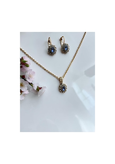 Kristal Taşlı Oval Kolye Ve Küpe Seti Mavi