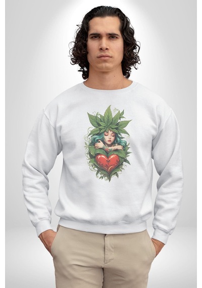 Kalp Parmak Kız Yeşillik Mutluluk Unisex Beyaz Baskılı Sweatshirt Beyaz