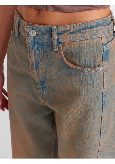 Dilvin Önü Parçalı Baggy Denim Pantolon Tint Kırmızı
