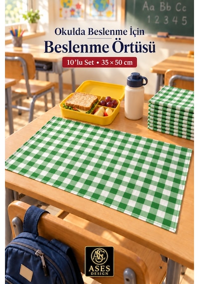 10 Lu Yıkanabilir Beslenme Örtüsü 35x50 Cm Yeşil Beyaz Kareli Anaokulu Ve İlkokul