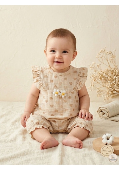 Gökçe Baby %100 Pamuk Müslin Bebek Tulumu - Kalp Desenli, Çiçek Detaylı Yazlık Bebek Kıyafeti Bej
