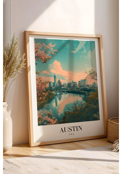 Austin Usa Vintage Seyahat Posteri Çerçeveli Tablo - Premium Şehir Manzaralı Elit Duvar Dekoru Kayın