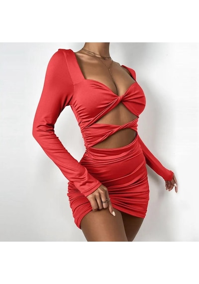 Pink Life Kırmızı Uzun Kollu Hollow Out Dekolteli Bodycon Mini Elbise