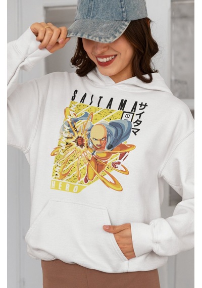 Sevbano Tasarım One Punch Man Saitama Hero Baskılı Unisex Oversize Anime beyaz