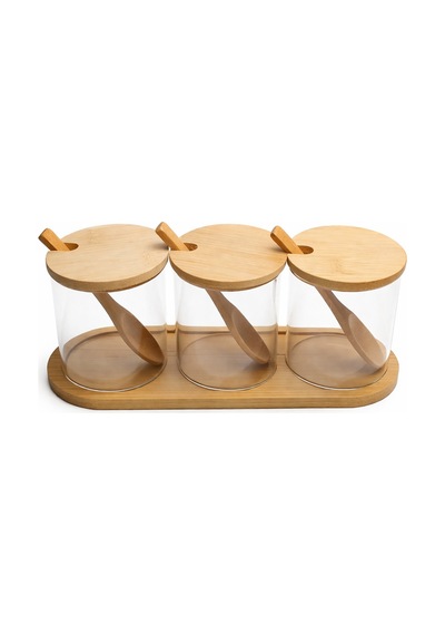 3 Lü Cam Baharatlık 8x8 Cm Seti Bambu Kapaklı Kaşıklı Altlık Cam Şık Mutfak Düzenleyici Şeffaf