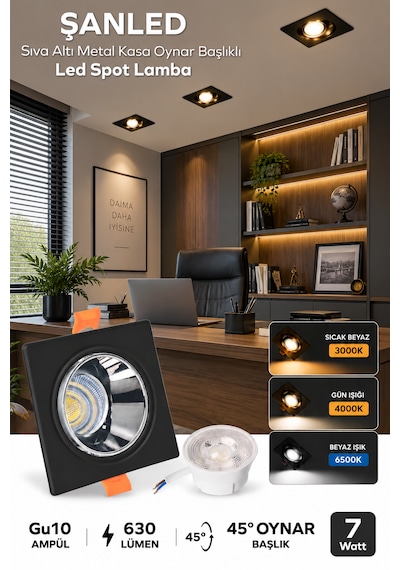 7w 3 Renkli Sıva Altı Kare Metal Siyah Krom Kasa Oynar Başlıklı Gu10 Led Spot 2 Adet Siyah - Krom
