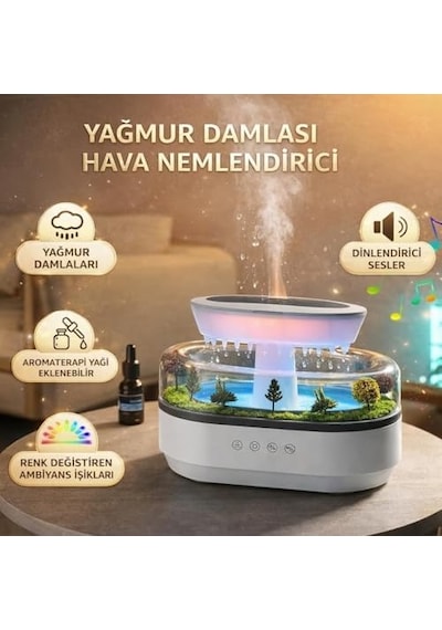 Yağmur Damlası Efektli Hava Nemlendirici Ve Aroma Difüzör, Doğa Ses Modları, Led Ambiyans Işıklı, Sessiz Çalışma, Buharlı Nemlendirici Buhar Makinesi, Dekoratif Tasarım Yapay Teraryum Tasarımı