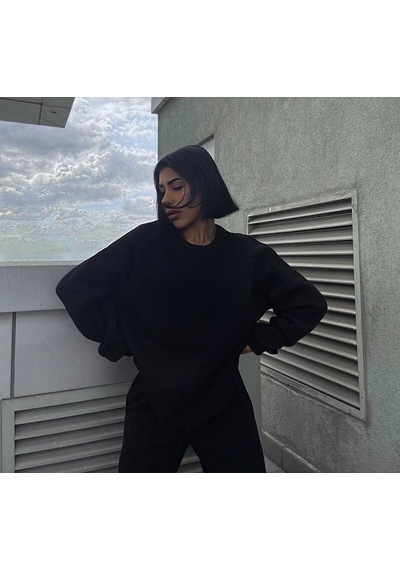 Baskısız Eşofman Takımı Sweatshirt Jogger - Siyah Oversize Şardonlu Bisiklet Yaka Siyah