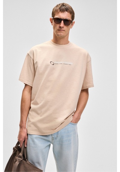 Grimelange MANOL Erkek Bisiklet Yaka %100 Organik Pamuklu Oversize Fit Bej T-Shirt