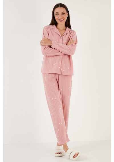 Lela Regular Fit Gömlek Yaka Önden Düğmeli Polar Bayan Pijama Takımı 6571009W4 Pudra