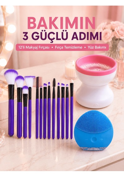 3 Lü Güzellik Ve Kişisel Bakım Seti 12 Li Makyaj Fırçası Fırça Te