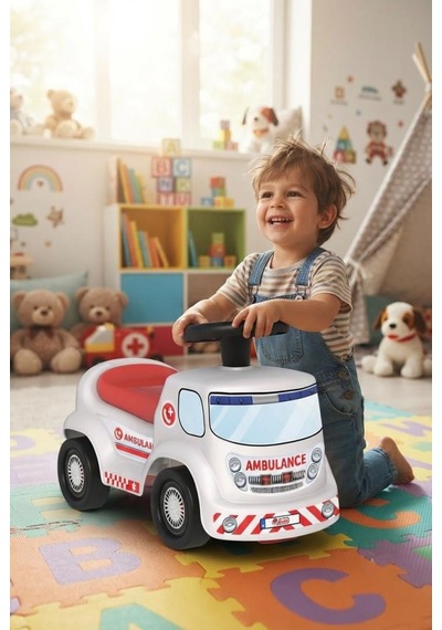 Kornalı Bin-git Ambulans Aracı Eğlenceli İlk Sürüş Deneyimi Eğitici Öğretici Oyuncak 55 Cm Beyaz