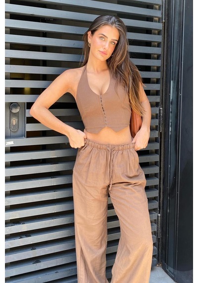 Madmext Kahverengi Beli Büzgülü Wide Leg Kumaş Pantolon Mg1950-kahverengi Kahverengi