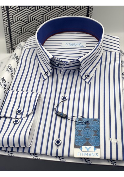 Slim Fit Uzun Kol Premium Kalın Çizgili Yaka Düğmeli Hediye Kutulu Kolay Ütülenebilir Erkek Gömlek Fs-001375 - Beyaz Saks Mavi-1491