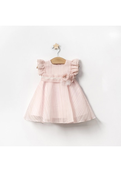Lamato Baby Yazlık Özel Günler İçin Taşlı Kemerli Abiye Çiçek Aksesuarlı Kız Elbize Pembe