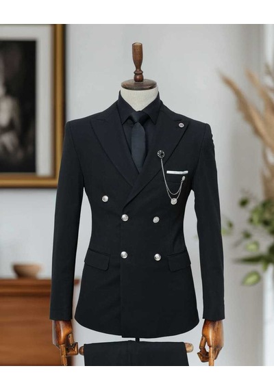Beystil Sivri Yaka Siyah Kruvaze Takım Elbise Nikol036- Slim Fit Siyah