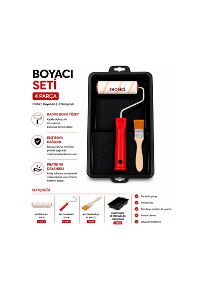 Ehobici 4 Parça Boyacı Seti Saten Rulo Parmak Rulo