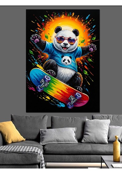 Kaykaycı Panda Skater Panda Dekoratif Kanvas - Mdf Ahşap Tablo