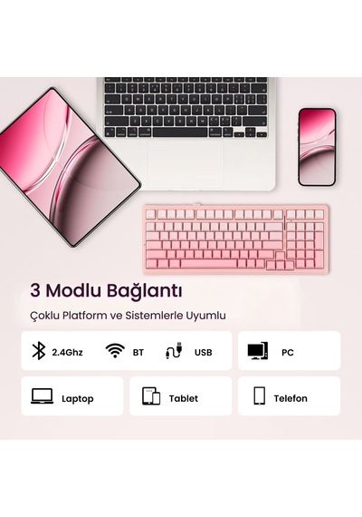 Aula F99 Mekanik Rgb Dream Sakura Switch 3 Modlu Kablosuz Makrolu Hot Swap Klavye Gradyan Pembe
