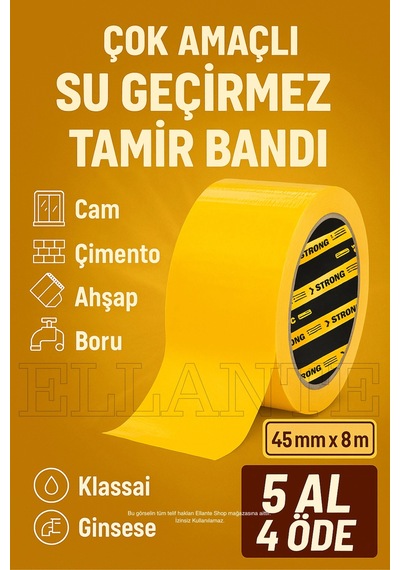 Çok Amaçlı Su Geçirmez Sızdırmaz Dayanıklı Izolasyon Sarı Tamir Bandı 45 Mm 8 Mt 1 Adet Güçlü