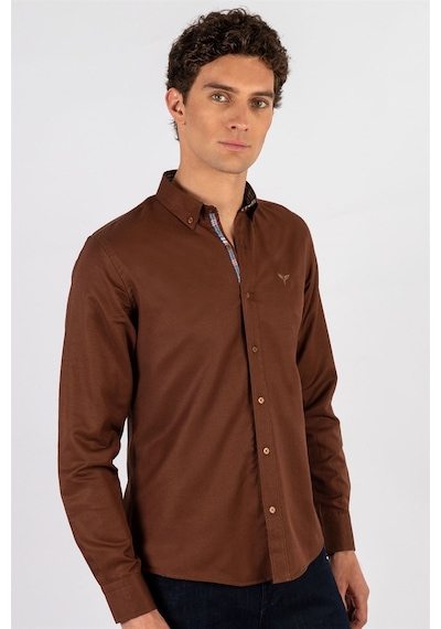 Tudors Slim Fit Dar Kesim Uzun Kol Erkek Gömlek-23458 Kahverengi