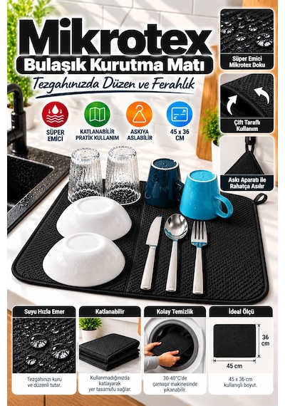 Siyah Bez Mikrotex Bulaşık Kurutma Matı 45x36 Cm Süper Emici Katlanabilir Tezgah Üstü Kurutma Mat