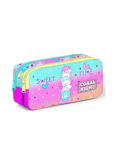 Coral High Kids Renkli Dondurmalı Kedi Desenli İki Bölmeli Kalem Çantası 12081