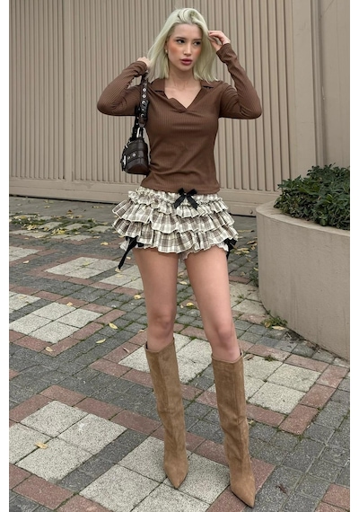 Madmext Acı Kahve Polo Yaka Fitilli Kadın Body Mg2566 Acı Kahverengi