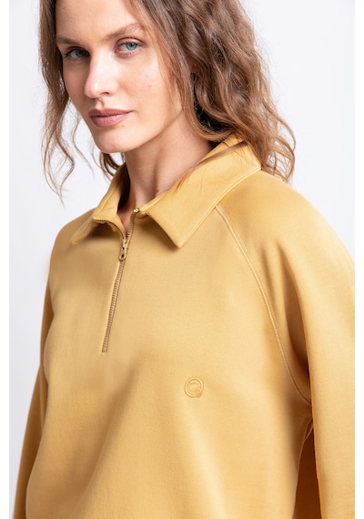 Polo Yaka Fermuarlı Organik Pamuklu Sweatshirt Hardal