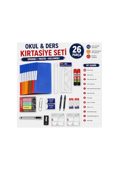 26 Parça Okul Ve Ders Kırtasiye Seti Dosya Geometri Seti 0.7 Uçlu Kalem Fosforlu Kalem - 904625272