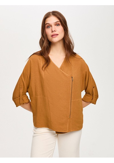Faik Sönmez Kolu Apoletli Fermuarlı Astarsız Viskon Keten Ceket S26ckt037 Us26ckt03735 Camel