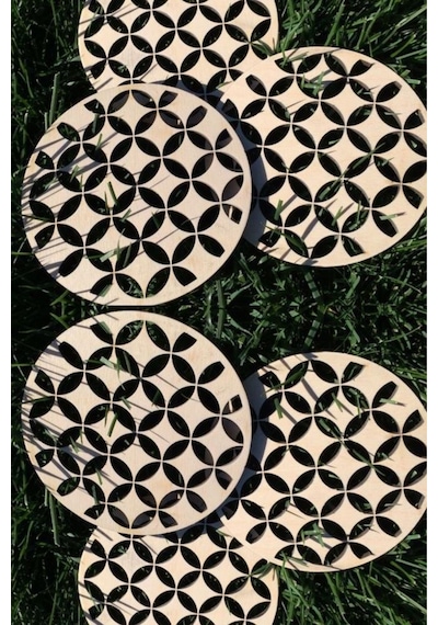 Ahşap Bardak Altlığı 6'lı Set Otantik Desenli Bardak Altlığı Bej